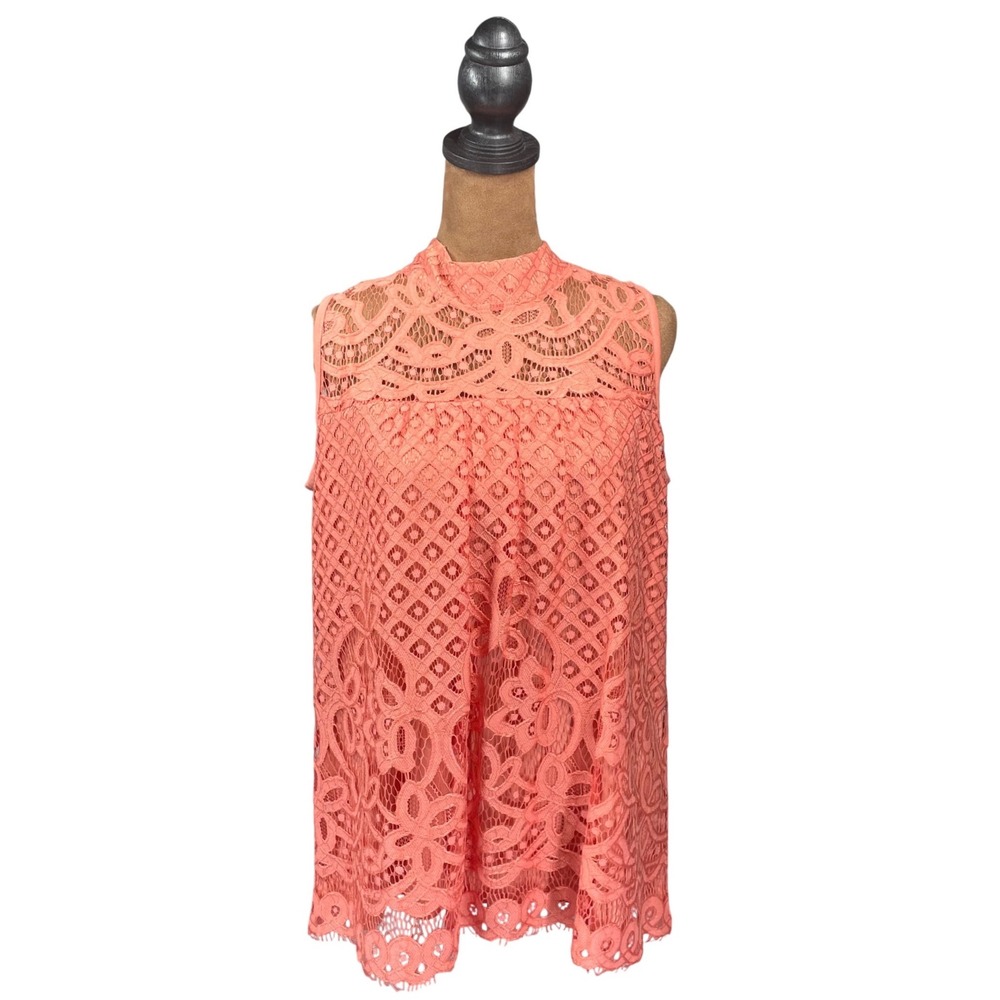 Luna Rae Womens Coral Pink Lace Overlay Mock Neck Sleeveless Blouse Size M